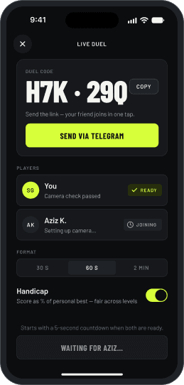 Jonli duel lobbisi: share kodi va “Telegram orqali yuborish” tugmasi